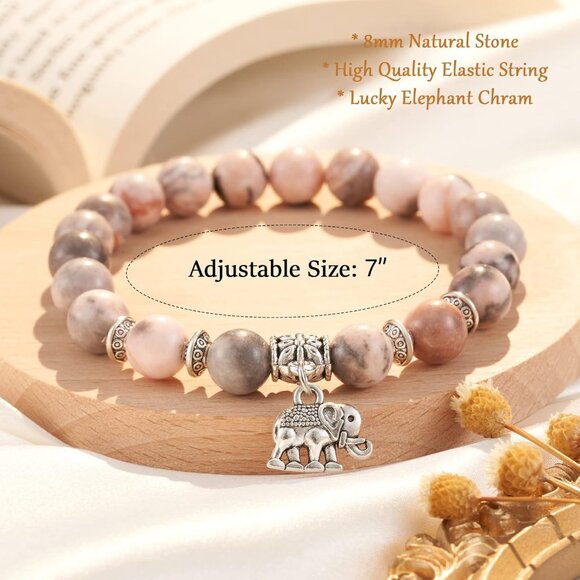 Elephant Bracelet Natural Stone Silver-Style Charm for Women Lucky Gift - Picture 5 of 7
